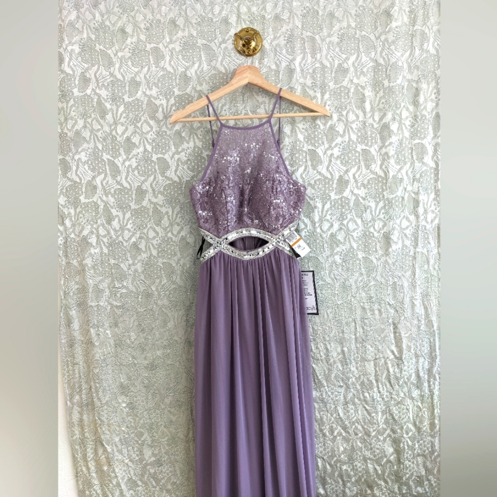 Purple and Silver Prom Dress With Waist Cut-Outs
